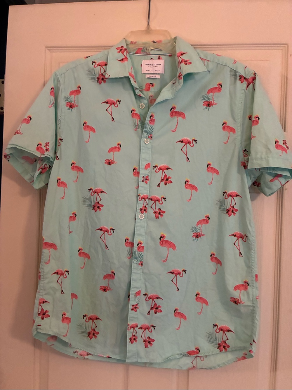 Denim & Flower Mint Button-Up Shirt with Pink Flamingo Print